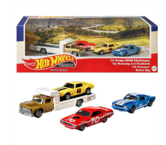 MATTEL HOT WHEELS - DODGE - SET 4x CHALLENGER N 70 COUPE 1970 - FORD MUSTANG 2+2 FASTBACK N 89 COUPE 1965 - CHEVROLET CAMARO N 48 1970 - RETRO RIG FLATBED TRUCK CAR TRANSPORTER - CARRO ATTREZZI - WRECKER ROAD SERVICE