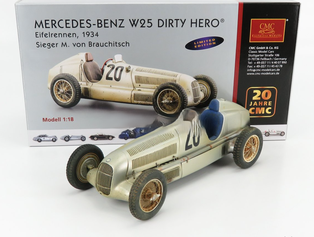 1/18 CMC - MERCEDES BENZ - F1 W25 SPIDER N 20 WINNER ADAC EIFELRENNEN 1934 M.VON BRAUCHITSCH - DIRTY HERO VERSION AFTER RACE - 20th ANNIVERSARY CMC