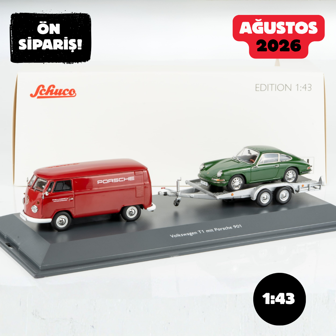 Ön Sipariş - 1/43 Schuco Volkwagen T1 Van with Trailer & Porsche 911 Coupe 1964  - 450731300