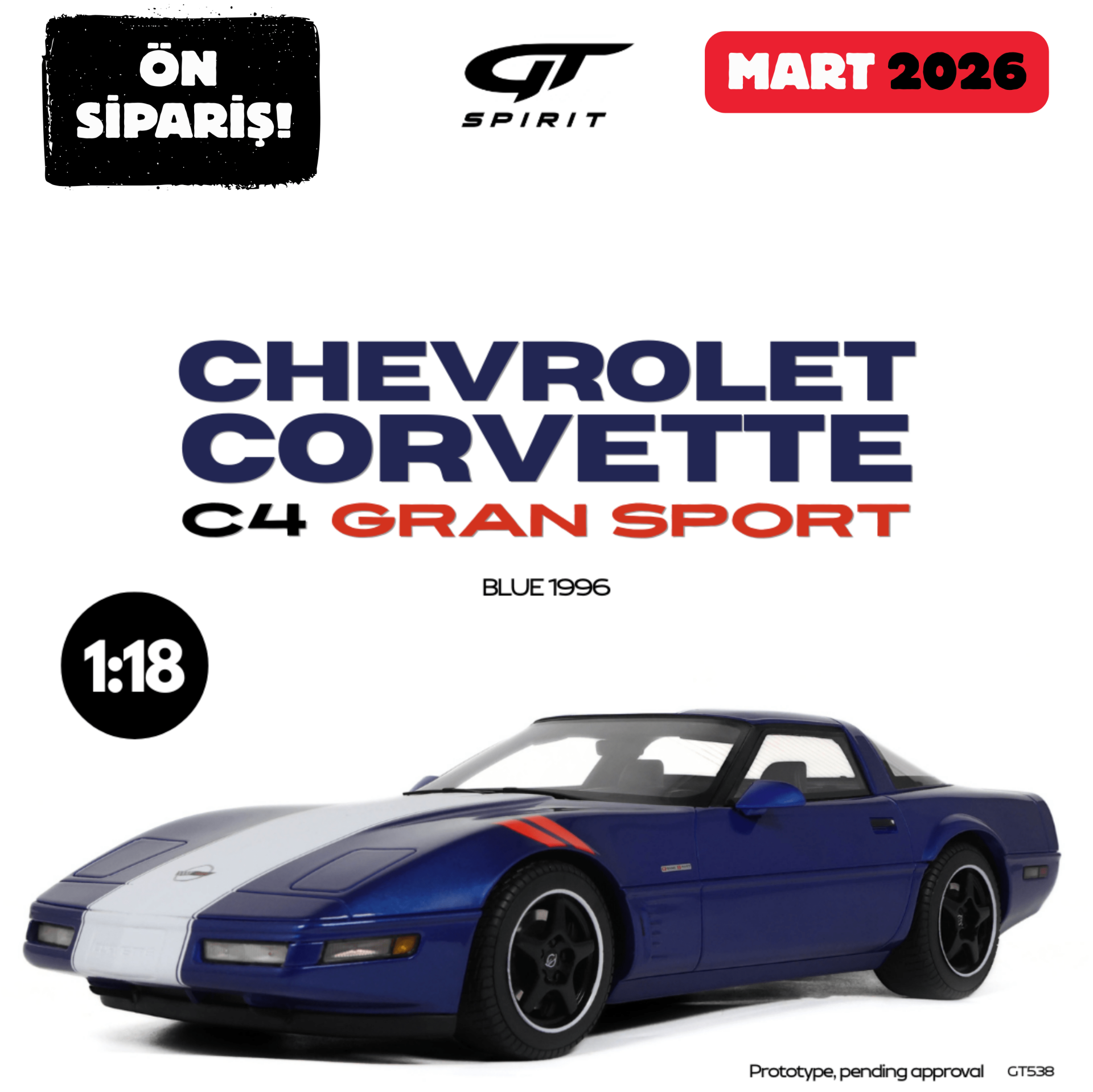 Ön Sipariş - 1/18 GT-SPIRIT - CHEVROLET - CORVETTE C4 COUPE 1996 - GT538