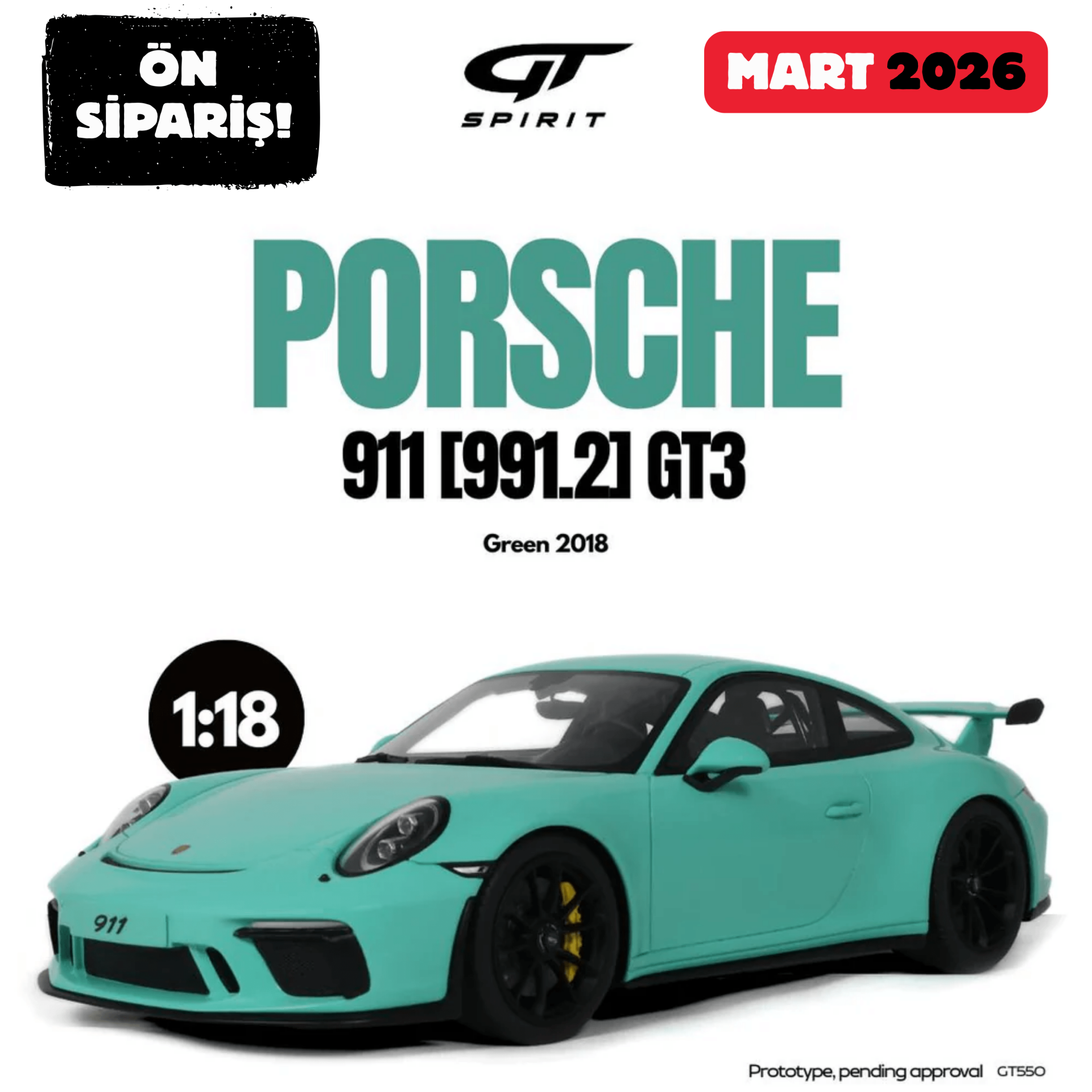 Ön Sipariş - 1/18 GT-SPIRIT - PORSCHE - 911 991-2 GT3 COUPE 2018 - GT550