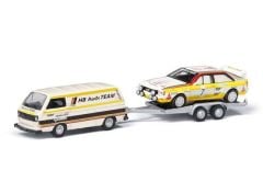 1/87 Volkswagen T3 *HB Audi Team* + trailer & Audi Quattro Rally #7, white/yellow