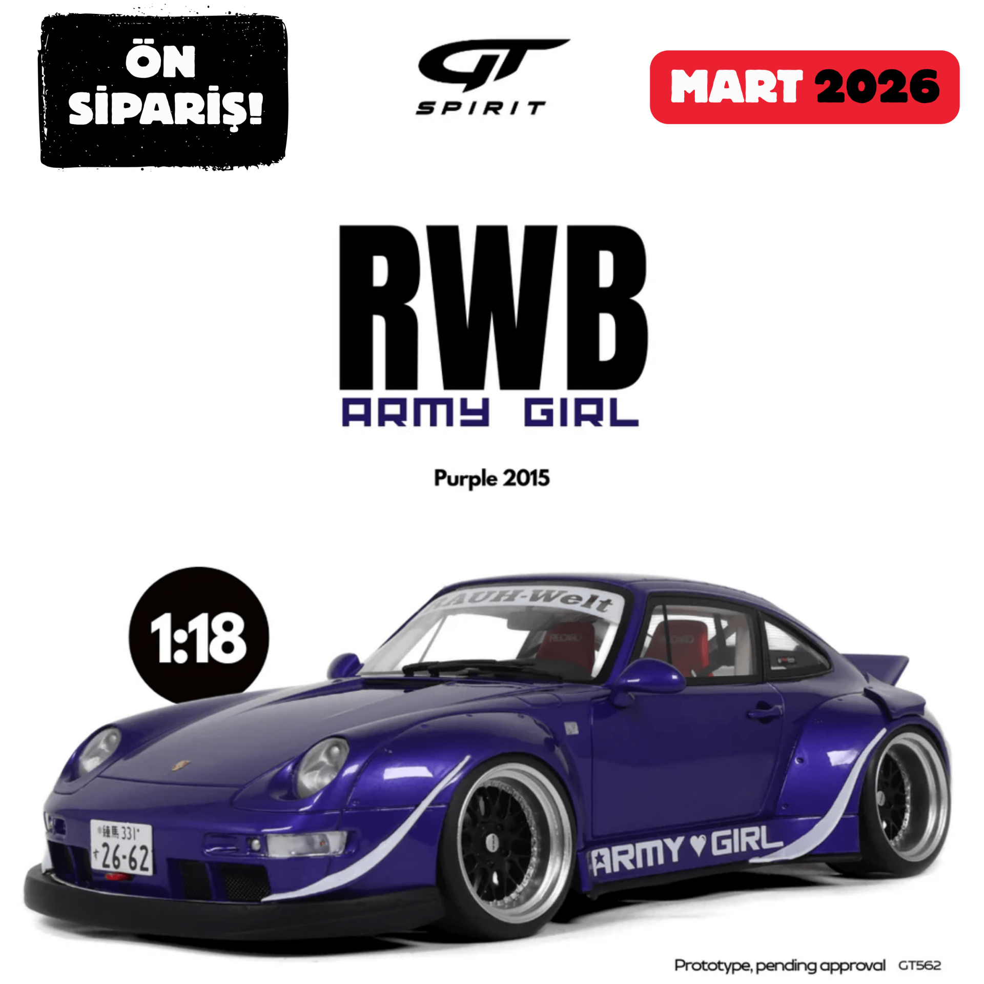 Ön Sipariş - 1/18 GT-SPIRIT - PORSCHE - 911 993 RWB RAUH WELT ARMY GIRL 2015 - GT562