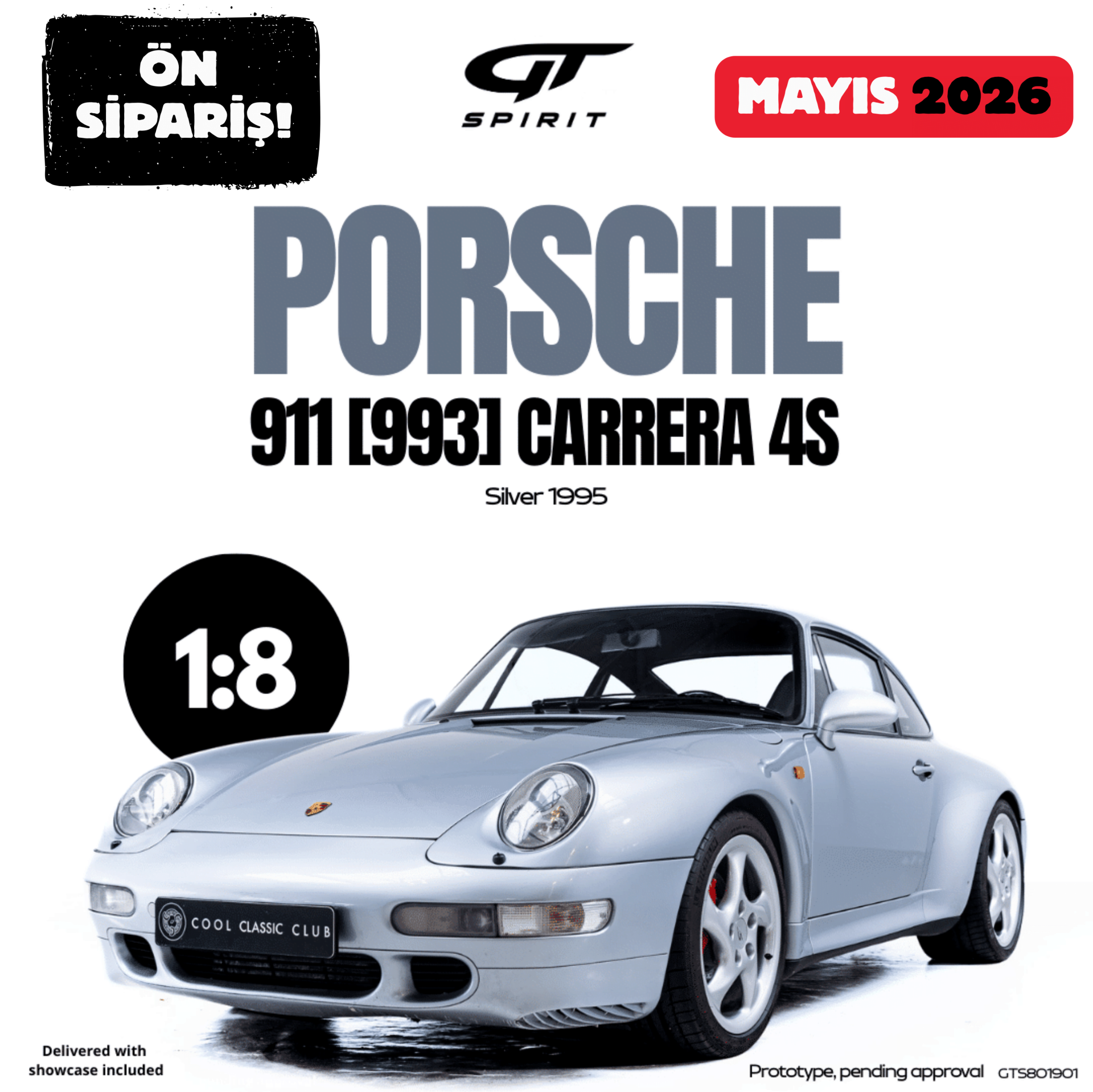 Ön Sipariş - 1/8 GT-SPIRIT - PORSCHE - 911 993 CARRERA 4S COUPE 1995 - CON VETRINA - WITH SHOWCASE - GTS801901