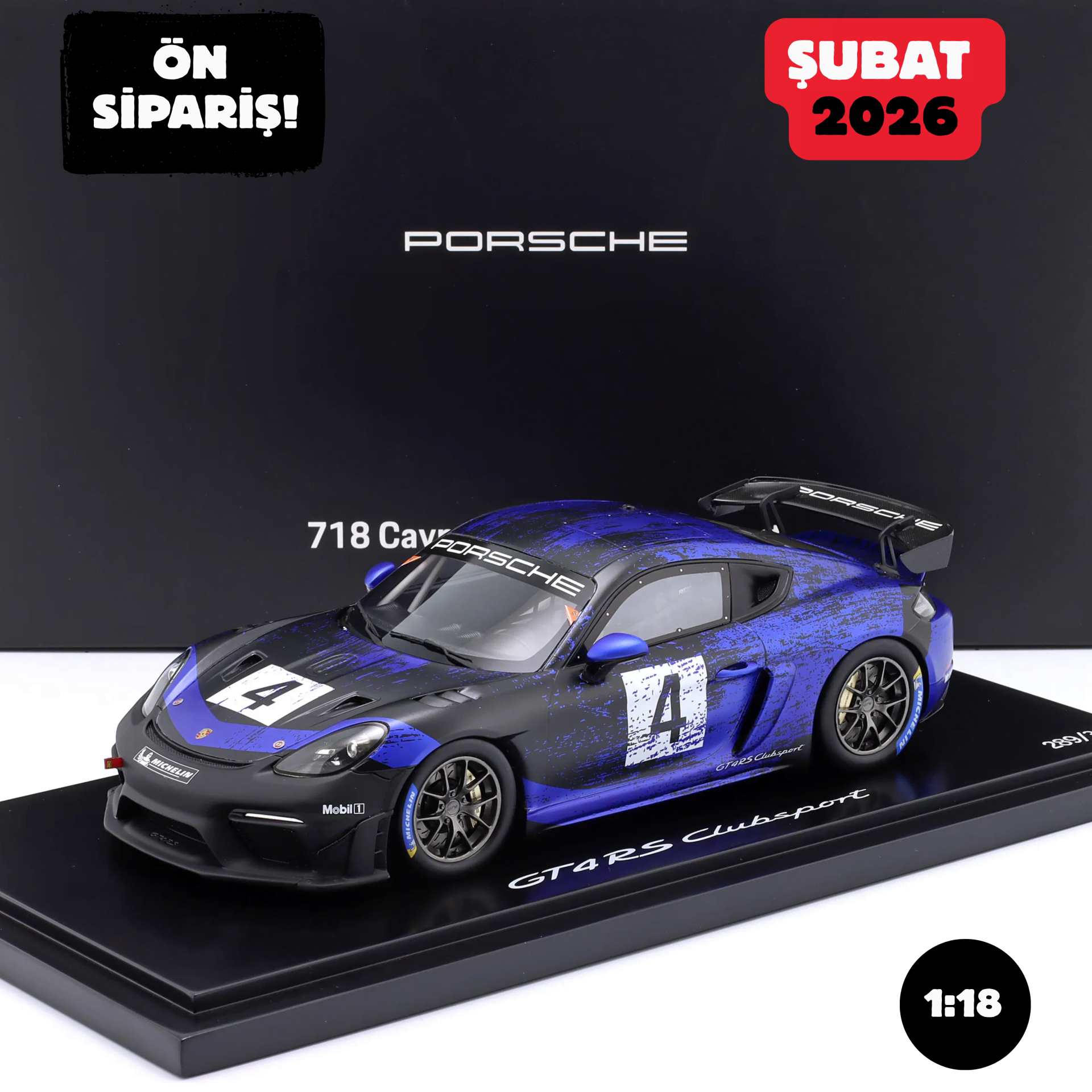 Ön Sipariş - 1/18 SPARK-MODEL - PORSCHE - 718 (982) CAYMAN GT4 RS N 4 CLUBSPORT 2023 - CON VETRINA - WITH SHOWCASE - WAP0214150PCAY