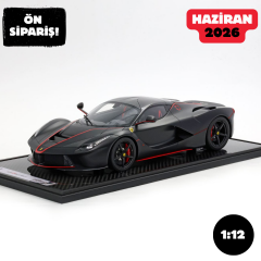 Ön Sipariş - 1/12 BBR Ferrari LaFerrari Matt black with red stripes Fernando Alonso carbon fibre base-display case included - BBR1222ALO-25