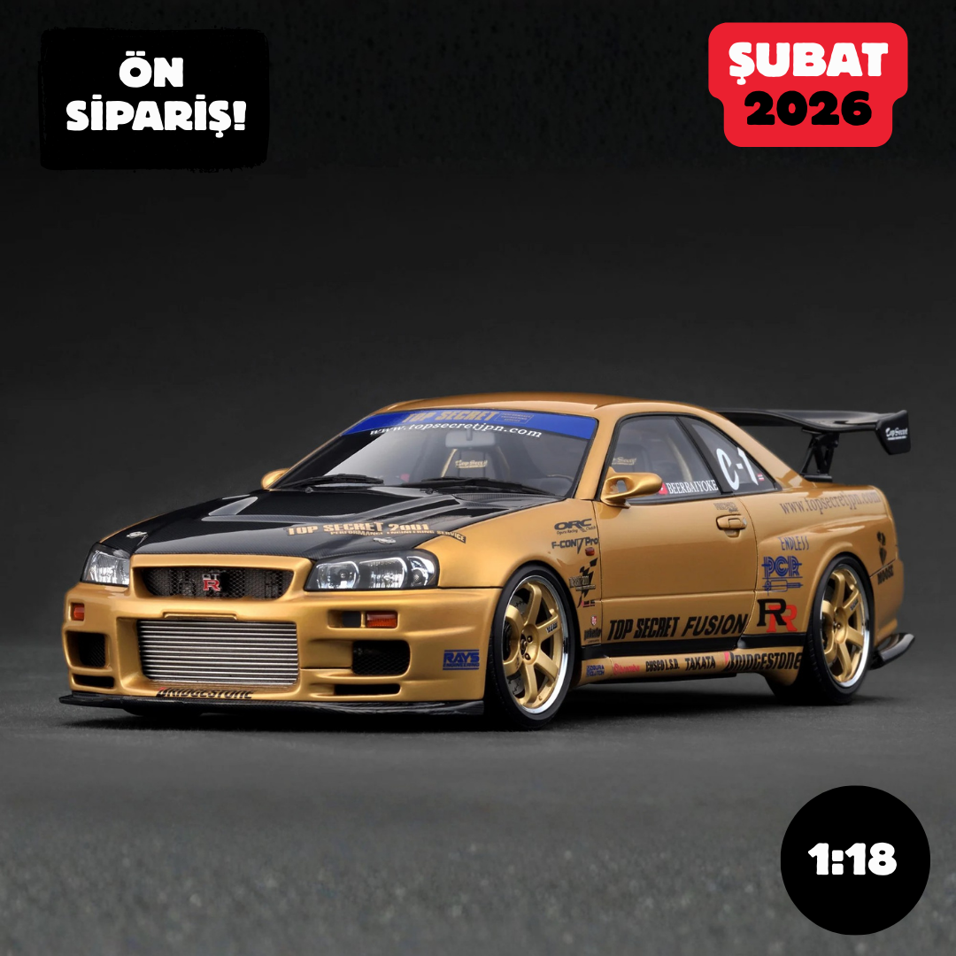 Ön Sipariş - 1/18 Ignition Nissan Skyline R34 TOP SECRET 34GT-R (BNR34) Gold - IG3847