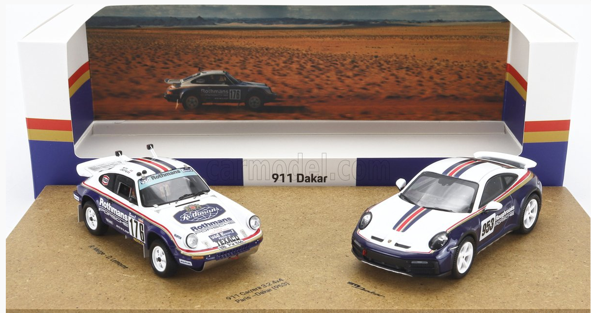 SPARK-MODEL - PORSCHE - SET 2X 911 953 ROTHMANS N 176 WINNER RALLY DAKAR 1984 RENE METGE - DOMINIQUE LEMOYNE + 911 992 N 953 ROUGHROADS RALLY DAKAR 2023